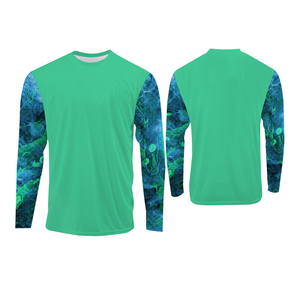 Sweat à capuche unisexe bleu-vert à imprimé abstrait avec logo frontal, protection solaire UPF 50, séchage rapide, manches longues, vêtement de pêche pour adulte - Product Image 3