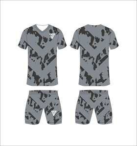 Custom sublimated soccer uniform set for men with grey and dark grey chevron splatter pattern print jersey and matching <b>shorts</b> - Product Image 1