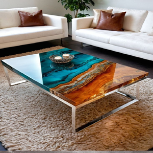 Table basse en résine sur le thème du soleil et de l'espace avec bords en bois naturel, contribuant à un décor artistique, disponible à prix de gros - Product Image 3