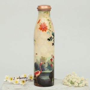 Traditional Copper <b>Water</b> <b>Bottle</b> Bohemian Design Portable Travel <b>Thermos</b> With Gold Rim Green Blue Speckle Pattern - Product Image 1