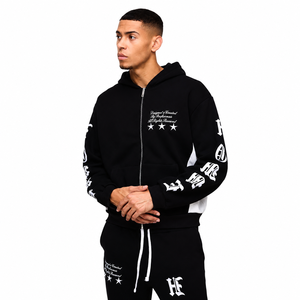 Conjunto Deportivo para Hombre con Capucha en Contraste Blanco y Negro, Sudadera con Cierre Completo y Pantalones, Estilo Urbano con Estampado de Letras, Corte Regular, Ropa de Otoño - Product Image 3
