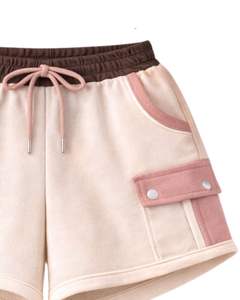 Ensemble décontracté deux pièces pour femme : crop top zippé à capuche et short cargo à imprimé cœur, coloris marron, beige et rose, vente en gros - Product Image 6