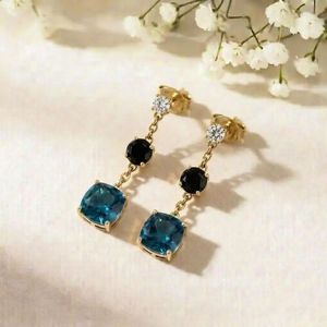 Natural London Blue Topaz Cushion Cut & Black Obsidian Drop <b>Earrings</b> CZ Accent Gemstone Dangle <b>Fine</b> Stud <b>Earrings</b> Jewelry - Product Image 5