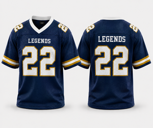 Maillot de football personnalisé en mesh, légendes, bleu marine, or, blanc, numéro 22, uniforme d'équipe, respirant, séchage rapide, vêtements de sport, vente en gros, usine - Product Image 1