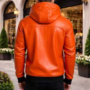 Veste à capuche en cuir véritable orange pour homme, écologique, coupe-vent, décontractée, pour l'hiver, avec poche avant - Product Image 2
