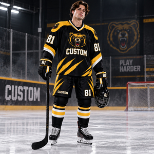 TwillSports Custom Ice Hockey Jersey Men's <b>81</b> Black Gold Sublimated V-Neck Moisture Wicking Three Quarter Sleeve Uniform - Product Image 2