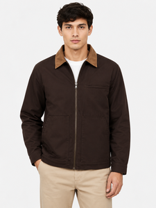Veste décontractée d'hiver pour homme de qualité supérieure, marron foncé, entièrement zippée, col contrastant beige, 100 % coton sergé, légère, classique - Product Image 1