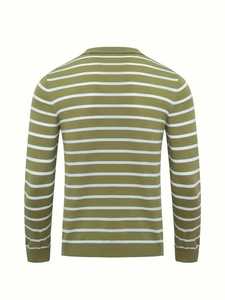 Pull en tricot rayé pour homme, col en V, col polo, coupe ajustée, décontracté, vert olive, blanc, manches longues, tricot en coton - Product Image 2