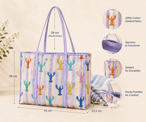 Indian Handmade Quilted Cotton Tote <b>Bag</b>, Lobster Print, Coastal Boho Style Women hand <b>bags</b> - Product Image 4