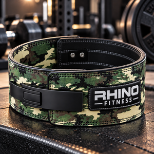 Ceinture de musculation professionnelle en néoprène camouflage vert sarcelle Rhino Fitness avec support lombaire réglable à levier - Product Image 1