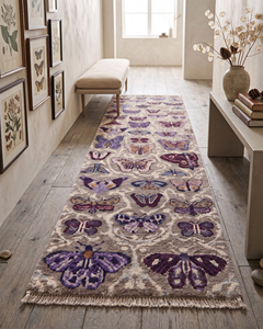 Purple Butterfly <b>Runner</b> Rug Beige Lavender Botanical Pattern Washable Non-Slip 100% New Zealand Wool <b>Carpet</b> for Hallway Bedrooms - Product Image 3