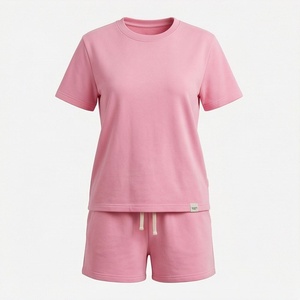 Ensemble de shorts en tricot rose pour femmes, 2 pièces, t-shirt à manches courtes col rond et shorts au-dessus du genou, couleur unie décontractée, printemps été - Product Image 1