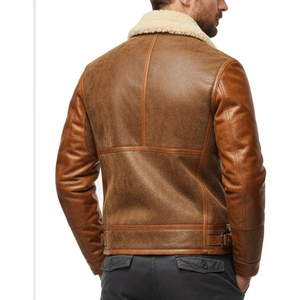 Blouson aviateur en cuir véritable pour homme avec doublure en fausse fourrure coupe-vent style motard hiver col montant fermeture éclair - Product Image 2