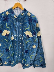 Veste à col mandarin en velours floral brodé de fleurs jaunes et de feuilles vertes, manteau d'automne à manches longues pour femmes - Product Image 2
