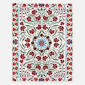 Couvre-lit traditionnel en coton brodé Suzani, crème et bordeaux, motif floral botanique, fait main, ethnique indien, pour la maison - Product Image 6