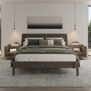 Minimalist Upholstered <b>Bed</b> Queen Size Black Wood <b>Frame</b> Fabric Soft <b>Bed</b> Design - Product Image 2