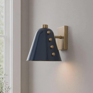 Mid Century Modern Wall Sconce Ceramic Blue Cone Shape Brass Accents Indoor Decor Bedroom Lighting Fixture - Product Image 2