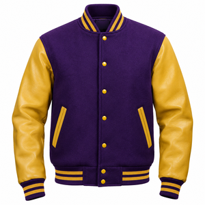 Blouson universitaire décontracté pour homme en laine chaude avec manches en cuir, boutons recouverts, doublure matelassée, coupe-vent, brodé, tissé, respirant pour l'automne - Product Image 3