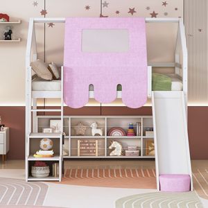 Lit mezzanine en bois blanc et rose pour enfants, taille double, avec cadre en forme de maison et tente – Catégorie de produit : Lits pour enfants - Product Image 2