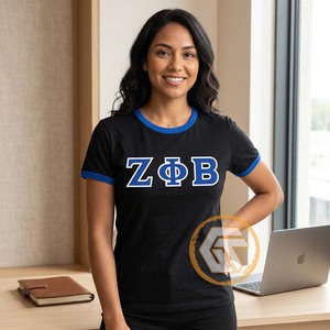 GREEK TREASURES T-shirts décontractés pour femmes Zeta Phi Beta Sorority en jersey uni avec lettres brodées, respirants, col rond, 100% coton - Product Image 4