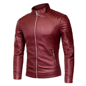 Veste en cuir PU bordeaux pour homme, style motard, col rabattu, fermeture éclair, coupe ajustée, longueur normale, couleur unie, hiver - Product Image 2