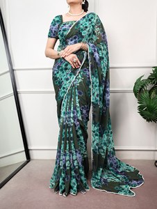 HENIXA CREATION Sofisty Saree en soie légère imprimé marbre avec bordure en dentelle perlée, séchage rapide, coupe ajustée, toutes saisons, formel - Product Image 6