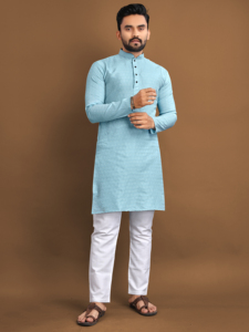 <b>Men's</b> Light Blue Cotton <b>Kurta</b> White Churidar Pants Traditional Indian Ethnic Wear Regular Fit Knee-Length Wedding Graduation XL - Product Image 1