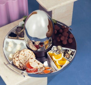 Round Stainless Steel Serving Tray with Wooden Board and Porcelain Compartments for Snacks Appetizers Party Use - Product Image 4