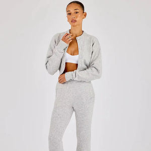 Ensemble de survêtement personnalisé pour femme, sweat à capuche court zippé et pantalon taille haute, gris, décontracté, loungewear, sportswear, vente en gros OEM - Product Image 1
