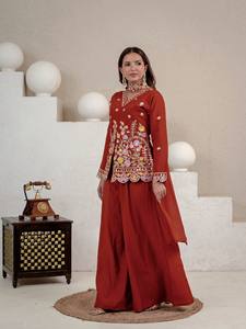 Costume Anarkali traditionnel pour femmes, rouge, brodé, avec motif floral, coupe ample, longueur au sol, en coton, vêtements ethniques Inde Pakistan - Product Image 3
