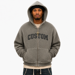 Custom Waffle Knit <b>Zip</b> <b>Up</b> <b>Hoodie</b> Heavyweight Thermal Fleece Hooded Sweatshirt Vintage <b>Graphic</b> Full Zipper Streetwear Men Jacket - Product Image 2