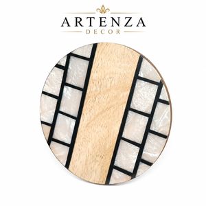Round Wooden Resin Coaster Pearl Look Drink <b>Mat</b> Non Slip Cup Pad for Home <b>Bar</b> Table Decor - Product Image 1