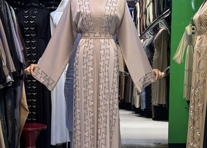 Summer Selling <b>Abaya</b> Modest Dubai Beaded Sequined Long Sleeve <b>Abaya</b> Muslim Traditional Handmade Wedding Women Breathable V Neck - Product Image 6