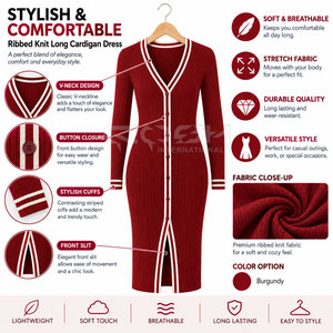 Cosh International Sorority Sisterhood V-Neck Long Sleeve <b>Cardigan</b> Dress With Slit And <b>Button</b> Closure Full Length Sexy Club Wear - Product Image 6