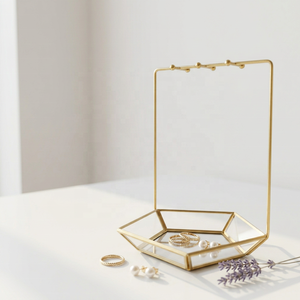 Modern Luxury Gold Metal Jewelry <b>Stand</b> with Glass Tray Handmade for Home Decoration and Storage - Product Image 1