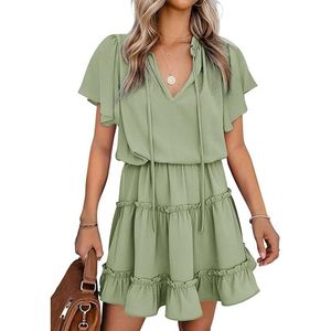 Abito Mini Estivo da Donna in Chiffon Verde con Scollo a V Ampio, Maniche Corte, Stile Casual con Balze e Linea ad A - Product Image 1