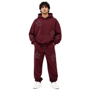 Men 2 Piece Heavyweight Fleece Tracksuit Set Oversized Hoodie Jogger Star Cross Patch Custom OEM Wholesale Manufacturer - Product Image 2