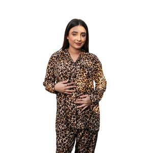 <b>Women</b> Brown <b>Black</b> Leopard Print Satin Pajama Set Long Sleeve Button Up Shirt Matching <b>Pants</b> Stylish Sleepwear Lounge Wear OEM - Product Image 2