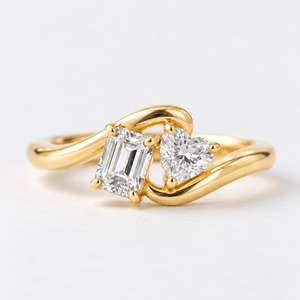 Anillo de compromiso Toi et Moi de moda con diamante de laboratorio de corte esmeralda y corazón de 0.85CT EF VVS, anillo curvo de dos piedras en oro macizo de 14K - Product Image 3