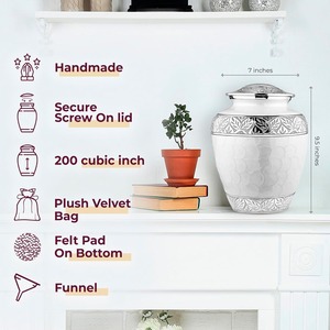 <b>Memorial</b> Cremation Urn With Engraved Leaf Design Decorative Metal Ashes Urn With Velvet Bag Set - Product Image 4