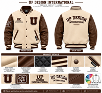 Veste universitaire personnalisée en crème et marron avec manches en cuir, veste de baseball brodée, streetwear universitaire haut de gamme