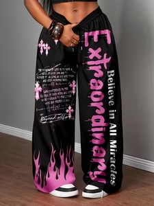 Plus Size - Women'S Casual Loose Letter <b>Print</b> Drawstring Pants Medium Stretch Fabric <b>Alphabets</b> Pattern - Product Image 4