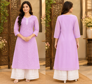 Exclusive Women Lavender <b>Chikankari</b> Hand Embroidered Straight Kurti Ethnic Floral <b>Suit</b> - Product Image 4