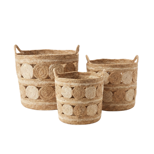 Lot de 3 paniers à plantes en jute tressé naturel, motif pièce ajourée, faits à la main, avec poignées, vente en gros - Product Image 1