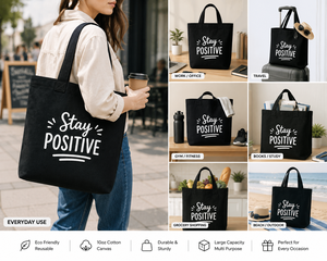 Bolsa de Lona de Algodón Negra AMANI de 10oz, 36x36x12cm, con Estampado 'Stay Positive', Base Reforzada, Asa de 22cm, para Viajes y Compras - Product Image 5
