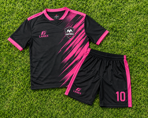 Ensemble d'uniformes de football personnalisés sublimés avec maillot, short et chaussettes, noir et rose, col en V, vêtements de sport d'équipe avec nom et numéro - Product Image 6