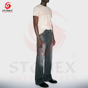 Vaqueros anchos negros vintage personalizados para hombre, pantalones de mezclilla premium desgastados, estilo urbano, corte regular, cintura media, casual - Product Image 3