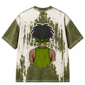 T-shirt à manches courtes surdimensionné pour homme, imprimé tie-dye vert, personnage de dessin animé, style streetwear, col rond, tissu tricoté - Product Image 3