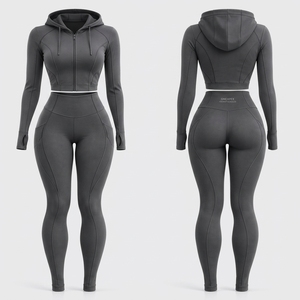 Womens Gray Zip Up Hoodie Yoga Set Long Sleeve Crop Top High Waist <b>Leggings</b> Gym Fitness Workout Activewear Two Piece Set - Product Image 2