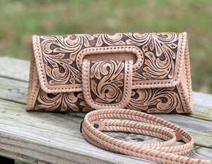 Handmade <b>Tooled</b> Genuine Leather Clutch Bag for Women | Western Floral Embossed Evening Handbag with Handle - Product Image 1